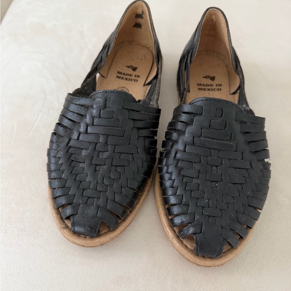 Black Woven Leather Huarache Slip-On Flats